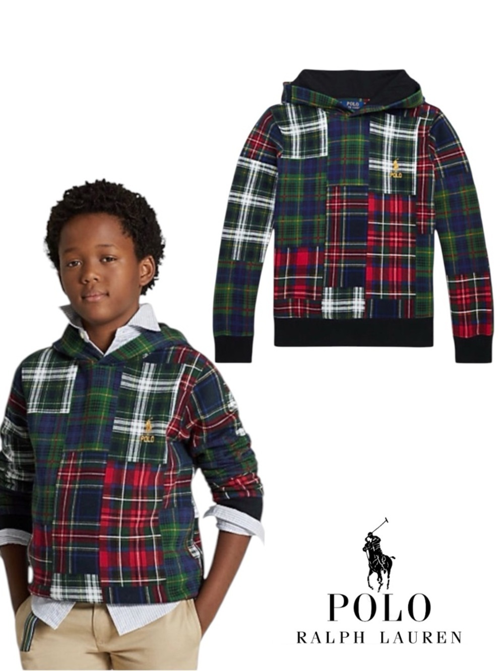 POLO RALPH LAUREN Boys Patchwork Plaid Fleece Hoodie NWT Size 8